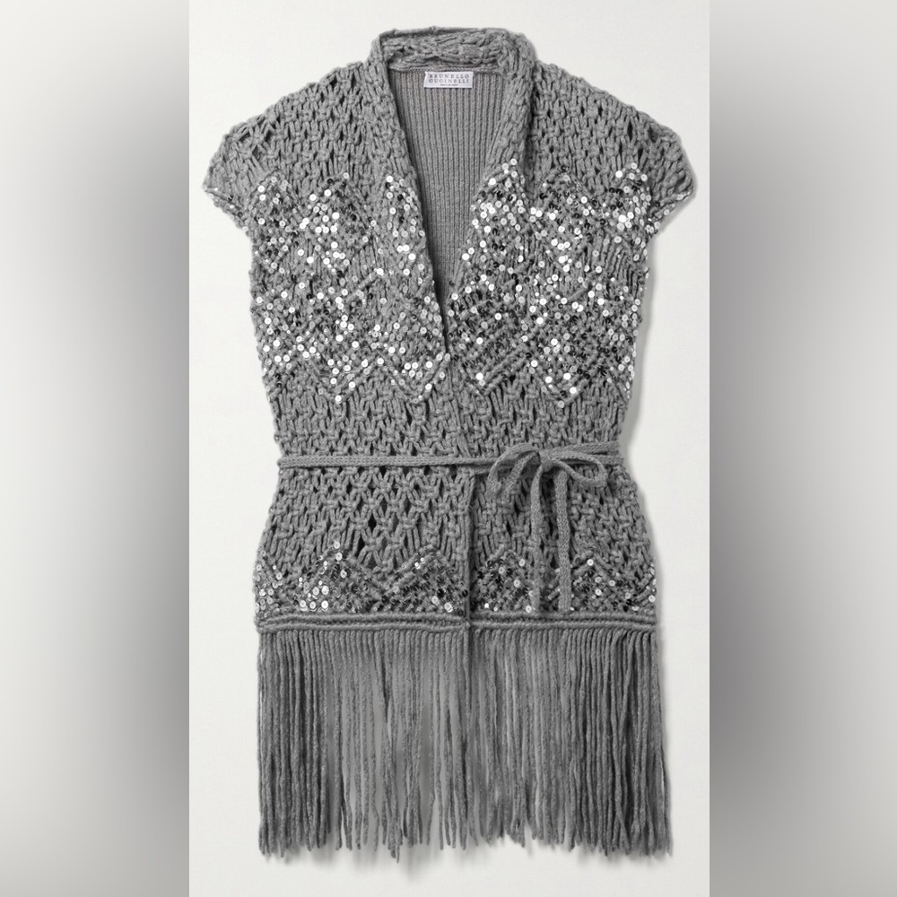 BRUNELLO CUCINELLI Fringed sequin-embellished Gray Vest in Medium